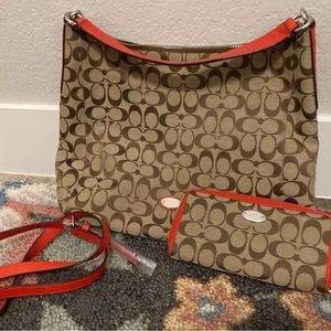 Coach Brown purse and wallet with orange trim